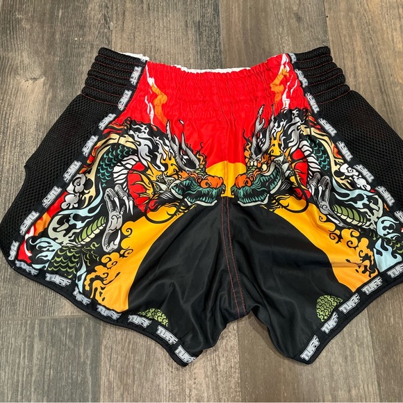 TUFF MUAY THAI BOXING SHORTS RETRO STYLE Red Chinese Dragon & Kickboxing MMA. - Picture 3 of 7